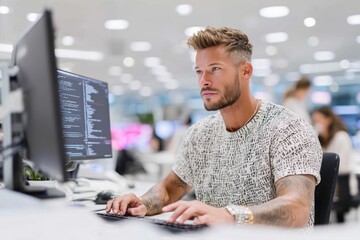 Skilled programmer working intently at a modern workstation in a bustling tech office environment