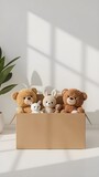 Adorable Stuffed Animals in a Cardboard Box on White Background