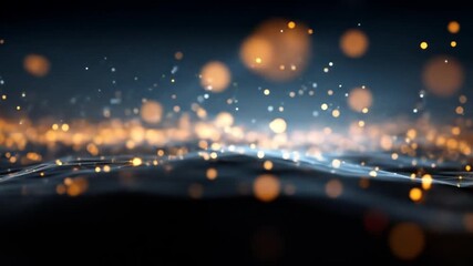 Digital network golden bokeh hovers above a dark, abstract mesh