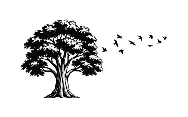 silhouette of a tree with birds flying away isolated on white background, a symbol of nature, freedo