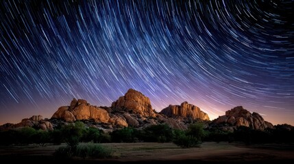Breathtaking nights cape showcases beauty night sky. Star trails gracefully arc over majestic rock formations in stunning landscape. Captures vastness space serenity nature, ideal travel, backgrounds.