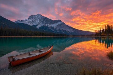 Naklejka na meble Colorful Sunset Over Alpine Lake With Canoe Reflection
