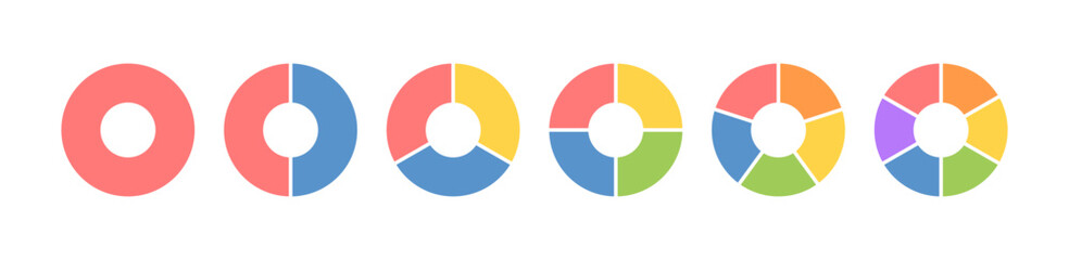Wall Mural - Circle division infographic icon set. Pie chart divided 3,4,5,6 equal parts. Color ring, donut round diagram. Infographic wheel segment and fraction. Vector illustration isolated on white background.