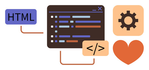 HTML tag, code editor screen, gear symbol, and heart shape connected visually. Ideal for programming, web design, coding education, software development teamwork innovation technology. Simple flat