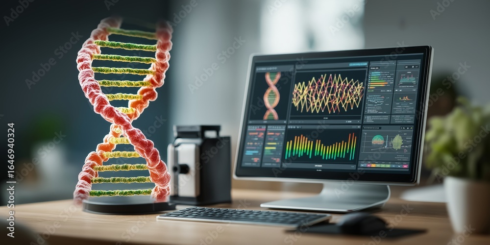 chromosome dna edit concept. DNA model with computer displaying genetic ...