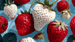 © Sahraya - Seamless pattern of modern strawberries. Big white, red round strawberries on blue. Large bright berries. Berry pattern design for textile, web banner, cards. Fresh summer fruits. Red berries and frui
