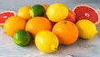 © PixelTundra - Vibrant citrus fruits freshly cut on marble, juice droplets glistening in crisp daylight.
