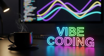 Vibe Coding neon sign on a programmer desk with a coffee cup and monitor