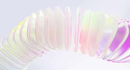 Holographic iridescent ribbon of row glass square plate shapes. Abstract geometric pastel 3d background with pearlescent rainbow wave tape. Neon gradient line pattern, digital tech. 3D illustration