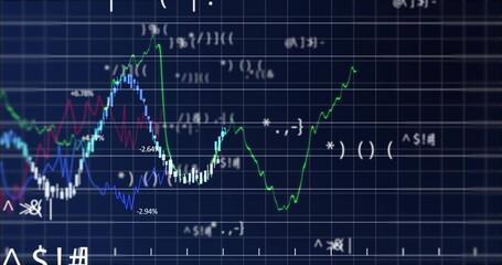 Wall Mural - Displaying multi-line chart shifting on digital display, with colored candlesticks and symbols