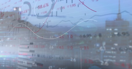 Wall Mural - Displaying semi-transparent financial data overlay over city skyline, with red candlestick patterns