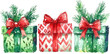 © 24dots - Three watercolor Christmas gifts with pine branches and red bows isolate