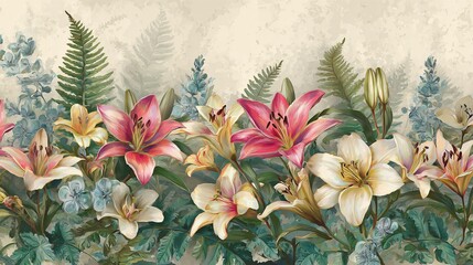  A detailed floral arrangement featuring lilies and ferns.