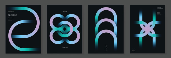 modern gradient poster on dark background vector set. cover template with vibrant perspective geomet
