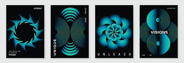 Wall Mural - modern gradient poster on dark background vector set. cover template with blue green perspective geo