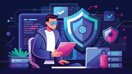 A coder in a hoodie working on a computer with security shields and check marks in the background