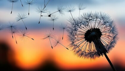  Silhouette of Dandelion Seeds Gently Floating on the Breeze Against a Vibrant Sunset Sky Background
