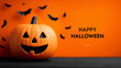 © Bagas - grinning Jack-o’-lantern silhouette, swarm of flying bats, bold orange background, flat graphic style, sharp clean lines, high contrast black and orange palette