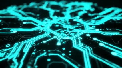 Teal circuitlike design on a black background with lines and circles resembling technology