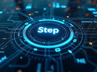 Futuristic blue digital interface displays the word Step, horizontal composition. This vibrant technology background features glowing circuits and a circular design, perfect for innovative concepts.