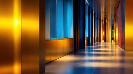 Wall Mural - modern corridor with golden and blue lighting, showcasing sleek design and vibrant reflections