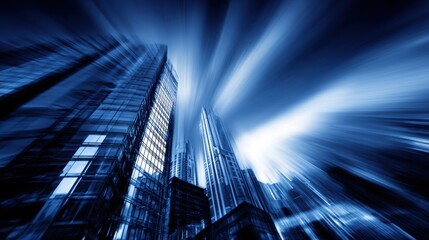 Wall Mural - abstract view of towering skyscrapers in a cityscape with dynamic motion blur and a blue hue