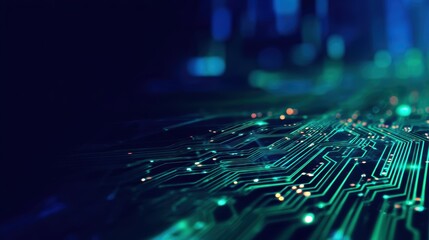 Abstract close-up of a vibrant circuit board with glowing elements, showcasing technology and innovation