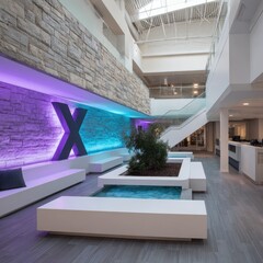 Wall Mural - Modern lobby with stone, light accents, and seating