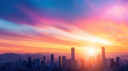 Wall Mural - vibrant sunset over a city skyline with colorful clouds, showcasing urban life and nature's beauty