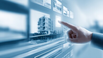 a hand interacts with digital images of modern architecture on a screen.