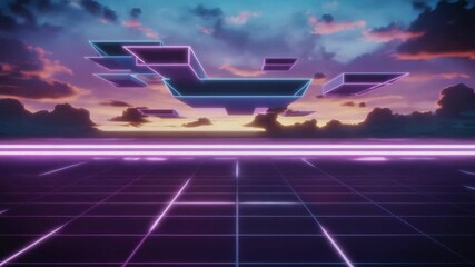 Wall Mural - glowing geometric shapes floating above a neon-lit grid landscape, basking in the warm hues of a dra