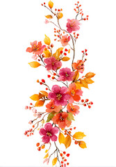 Wall Mural - Watercolor painted seamless border. Orange and pink autumn wild flowers, branches, leaves and twigs. Isolated clipart.