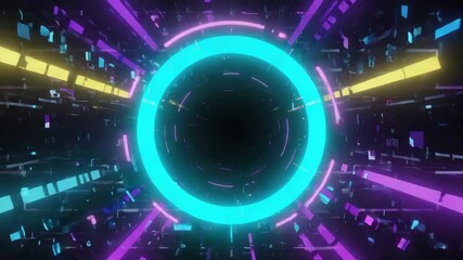 Wall Mural - bright neon circle glowing in center of futuristic tunnel, surrounded by colorful lights and fast-mo