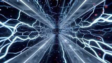 Wall Mural - Dynamic Electric Energy Flow Through Futuristic Tunnel Visualization in Black and Blue Colors