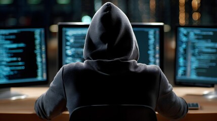 Individual in Black Hoodie Analyzing Code on Multiple Computer Screens at Night
