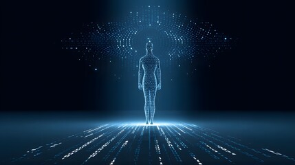 Wall Mural - Futuristic Human Figure Constructed of Digital Data Particles in a Dark Abstract Space Background