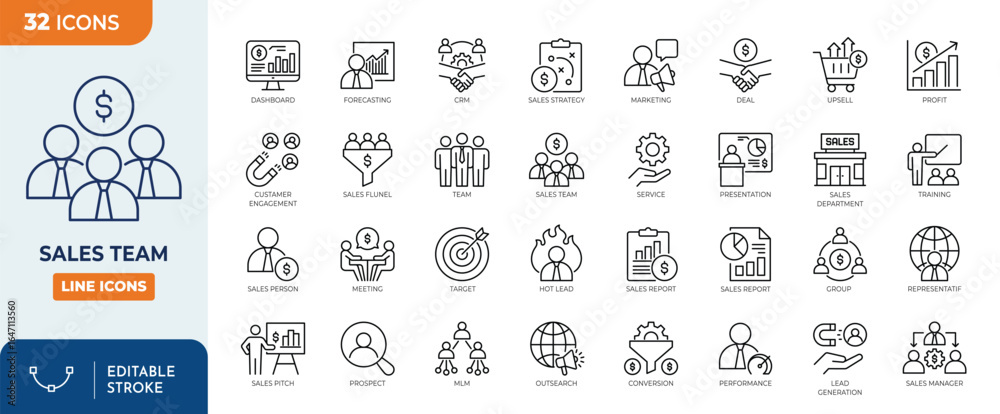 Sales team line editable icon set. Containing salesperson, marketing ...