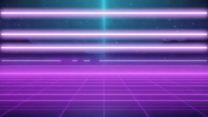 Wall Mural - retro futuristic landscape featuring glowing neon lights, a gridded floor, distant mountains, and a 