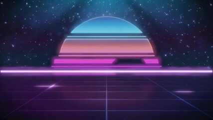 Wall Mural - retro futuristic synthwave background showing digital grid and colorful sun with glowing lines, evok