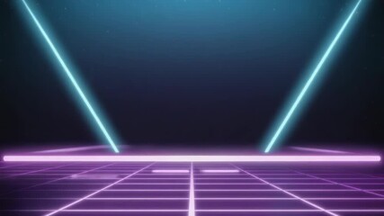 Wall Mural - two turquoise laser beams illuminate a purple neon grid floor extending towards a teal starry sky, c