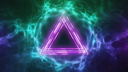 Wall Mural - bright neon purple triangular frame glowing in the center of green and purple interstellar clouds cr