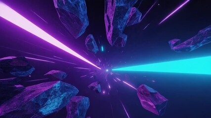 Wall Mural - retro neon lights illuminating a tunnel through space, with floating asteroids and vibrant colors cr