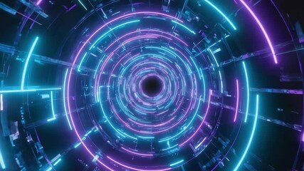 Wall Mural - glowing neon lights in vibrant purple and turquoise hues create concentric circles, forming a mesmer
