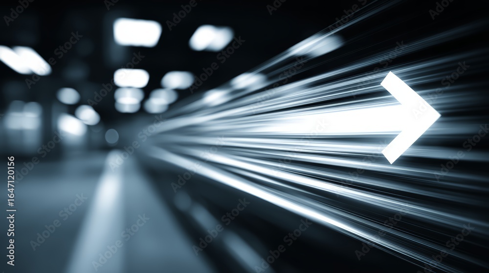 Dynamic motion blurred image with a prominent right arrow indicating ...