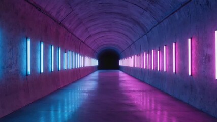 Wall Mural - blue and purple neon lights illuminate a dark concrete tunnel, casting vibrant reflections on the gl