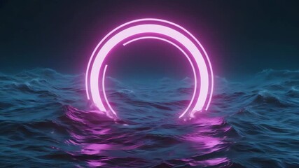 Wall Mural - pink neon circle glowing above a dark restless ocean creates a mesmerizing and futuristic scene, per