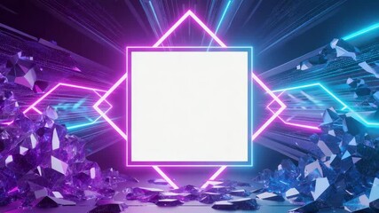 Wall Mural - white screen with glowing neon frame illuminating crystal shards in a futuristic corridor with motio