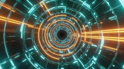 Wall Mural - orange and turquoise neon lights illuminate a futuristic tunnel leading to a dark abyss, creating a 