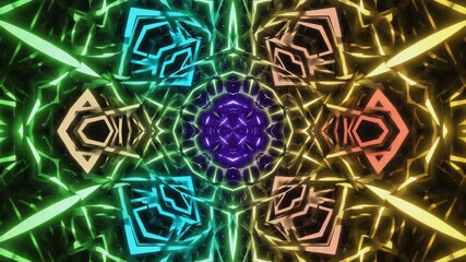 Wall Mural - vibrant neon lights illuminate a kaleidoscopic tunnel, forming an intricate pattern of geometric sha