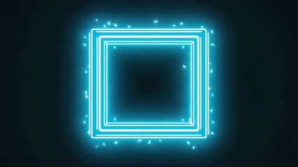 Wall Mural - bright glowing neon light square frame with particles floating around it on a dark background create